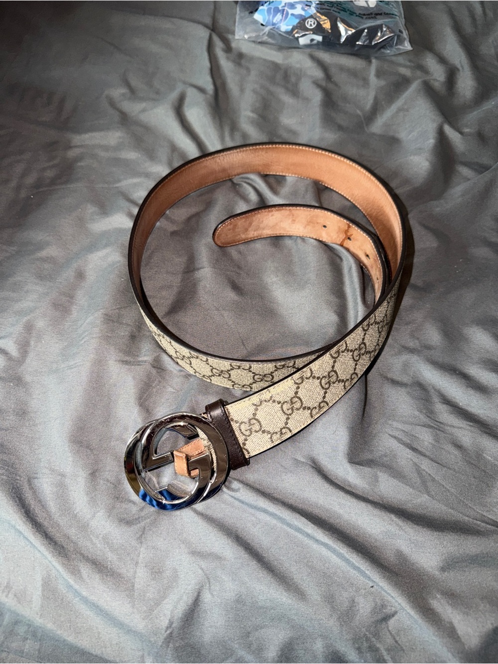 Gucci Beige Monogram Canvas Belt with Brown Trim and Silver Interlocking Buckle